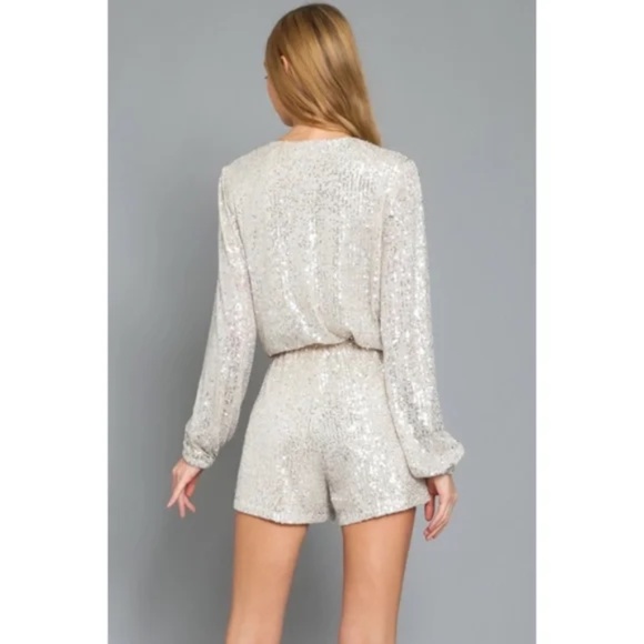 Silver Metallic Sparkling Sequin Long Sleeve Holiday Cocktail Party Romper - Picture 4 of 4